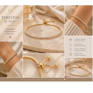 18K Gold Plated Tennis Bracelet Cubic Zirconia Adjustable Slider Brass